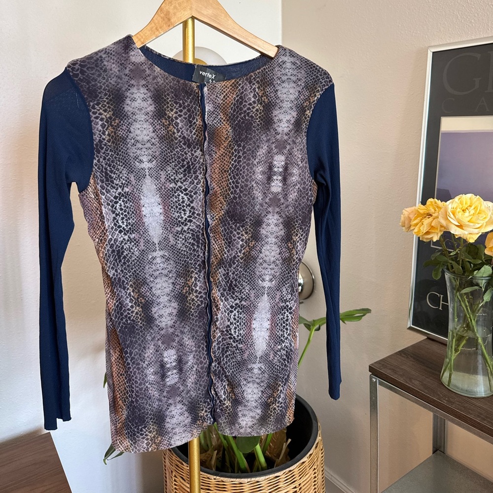 Vertex by Rina Navy Sleeve Snake-Print Long Sleeve Top